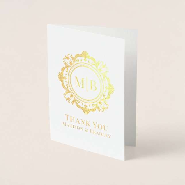 Ornate Floral Monogram Wedding Thank You Foil Card (Front)
