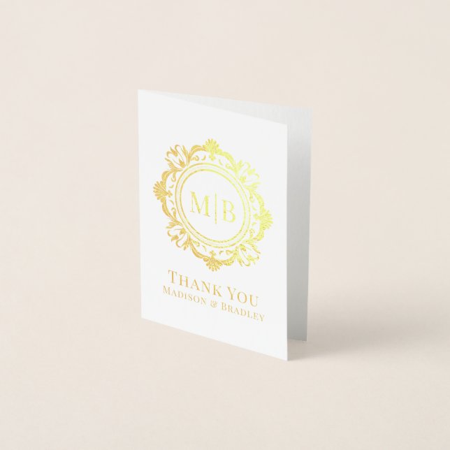 Ornate Floral Monogram Wedding Thank You Foil Card (Front)