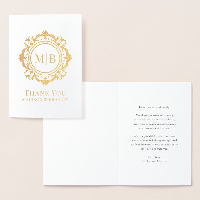 Ornate Floral Monogram Wedding Thank You Foil Card (Display)