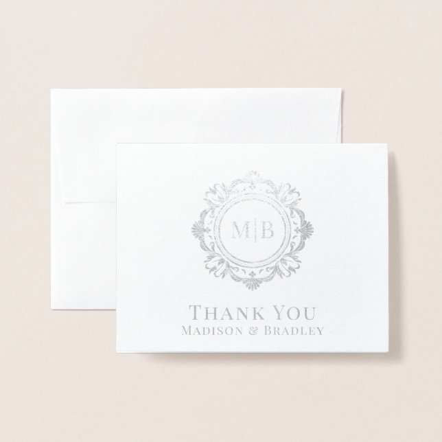 Ornate Floral Monogram Wedding Thank You Foil Card (Front With Envelope)