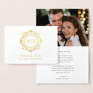 Ornate Floral Monogram Wedding Thank You Photo Foil Card