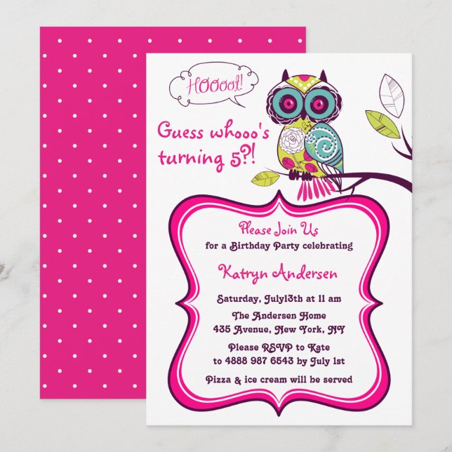Ornate Floral Owl Hot Pink Kids Birthday Party Invitation (Front/Back)