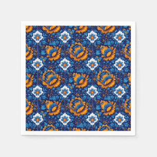Ornate Floral Pattern in Blue and Orange Tiles Napkin