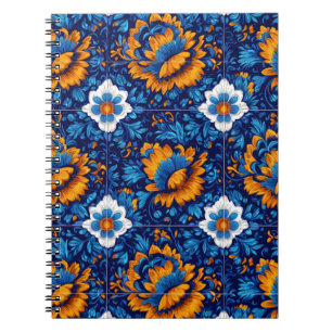Ornate Floral Pattern in Blue and Orange Tiles Notebook