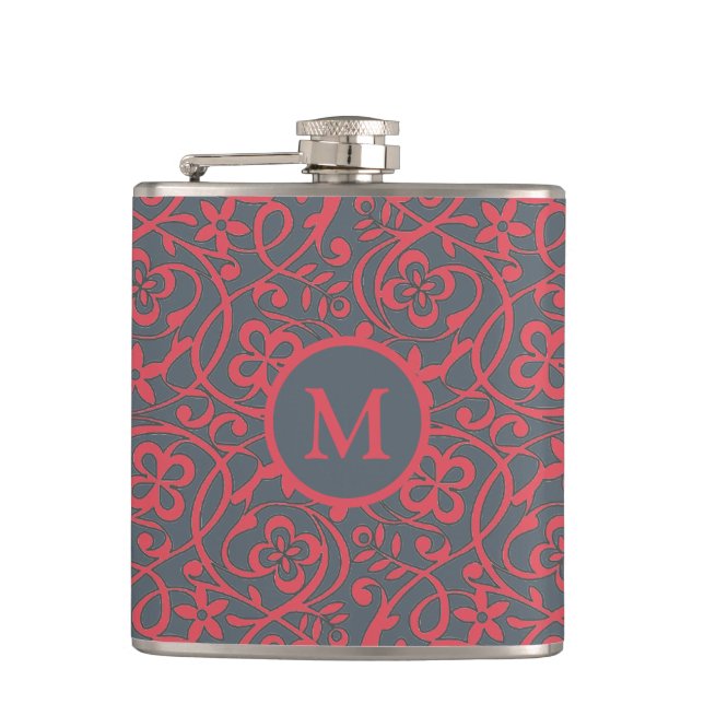 Ornate Floral Pattern in Pink and Grey Monogram Hip Flask (Front)