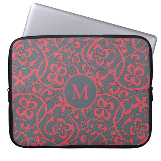 Ornate Floral Pattern in Pink and Grey Monogram Laptop Sleeve (Front)