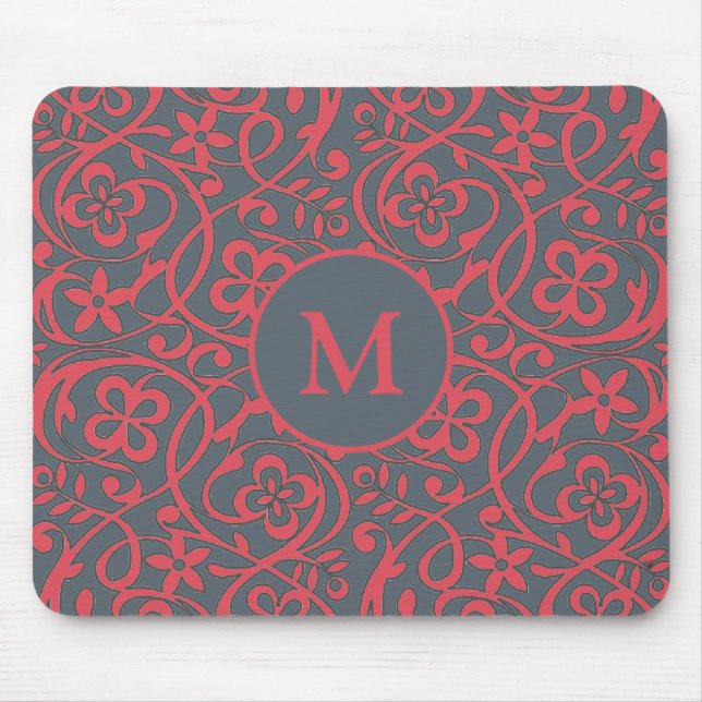 Ornate Floral Pattern in Pink and Grey Monogram Mouse Pad (Front)