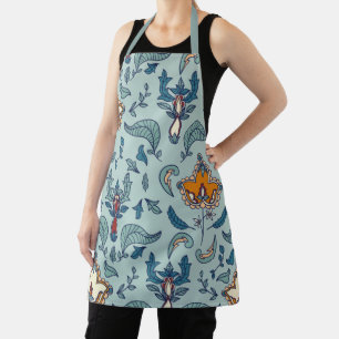 Ornate floral pattern on a pale blue background apron