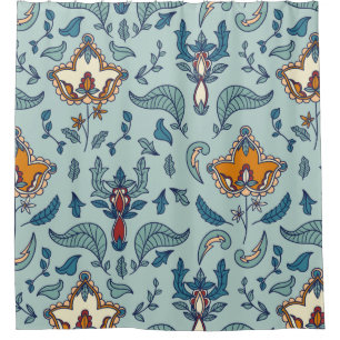 Ornate floral pattern on a pale blue background shower curtain