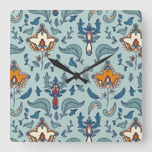 Ornate floral pattern on a pale blue background square wall clock (Front)