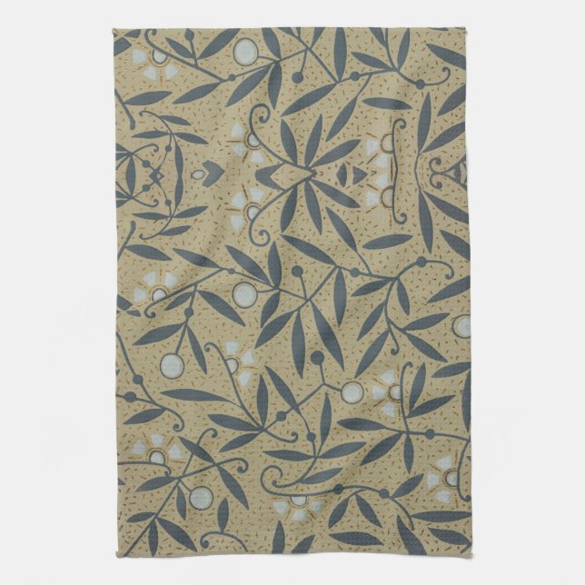 Ornate floral pattern with dark blue vines  tea towel (Vertical)
