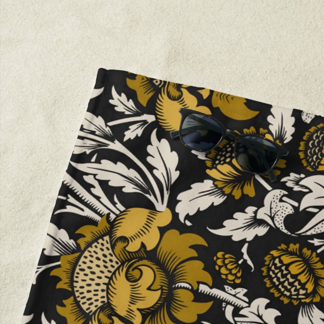 Ornate floral pattern with large gold flowers  beach towel (In Situ)