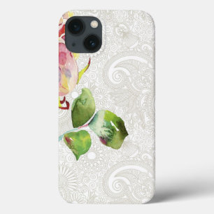 Ornate Floral Pattern With Pink Watercolor Rose iPhone 13 Case
