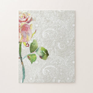 Ornate Floral Pattern With Pink Watercolor Rose Jigsaw Puzzle