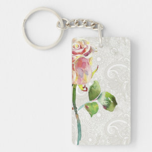 Ornate Floral Pattern With Pink Watercolor Rose Key Ring
