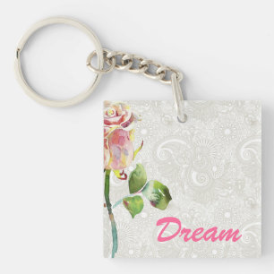 Ornate Floral Pattern With Pink Watercolor Rose Key Ring