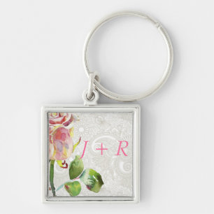Ornate Floral Pattern With Pink Watercolor Rose Key Ring