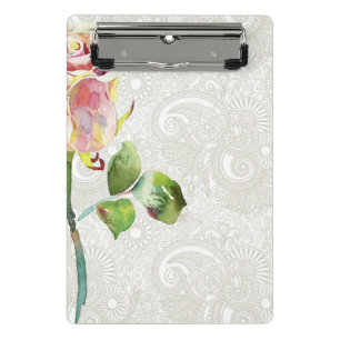 Ornate Floral Pattern With Pink Watercolor Rose Mini Clipboard