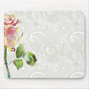 Ornate Floral Pattern With Pink Watercolor Rose Mouse Pad