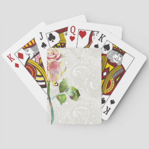 Ornate Floral Pattern With Pink Watercolor Rose Playing Cards