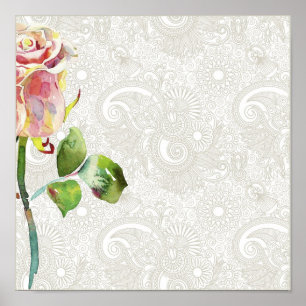Ornate Floral Pattern With Pink Watercolor Rose Poster