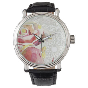 Ornate Floral Pattern With Pink Watercolor Rose Watch