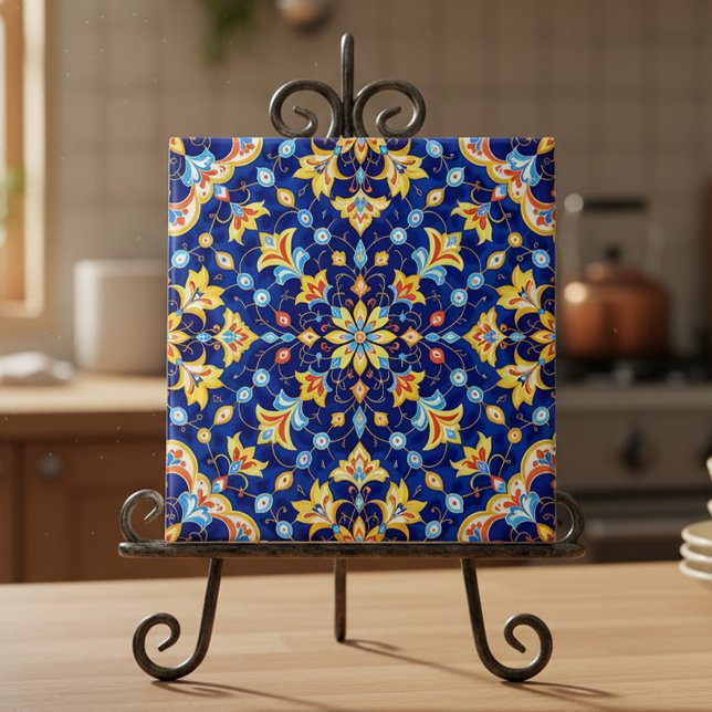 Ornate Floral Vibrant Blue Gold Mediterranean Tile (Creator Uploaded)