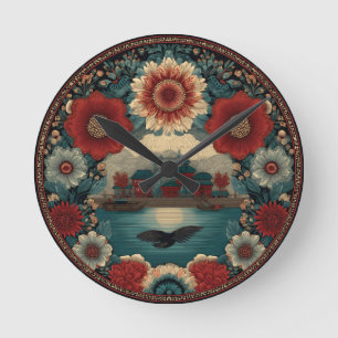 Ornate Floral Wreath Framing Traditional Asian  Round Clock