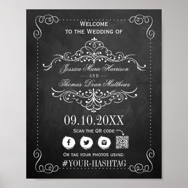 Ornate Flourish Chalkboard Wedding Welcome Poster (Front)