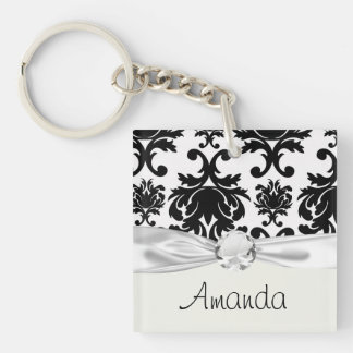 ornate formal black white damask key ring