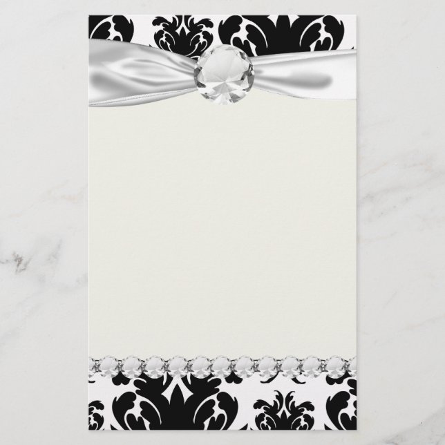 ornate formal black white damask stationery (Front)