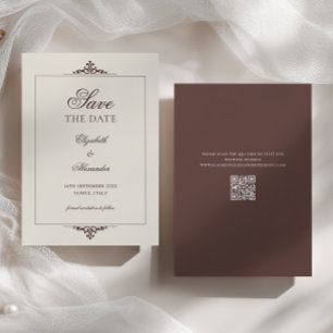 Ornate Frame Brown Cream Old Money QR Code Wedding Save The Date