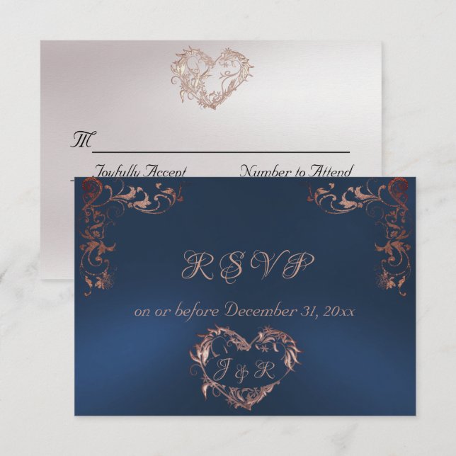 Ornate Frame & Heart - Blue/Rose Gold RSVP Card (Front/Back)