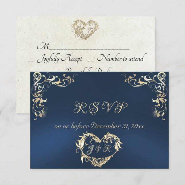Ornate Frame & Heart - Blue RSVP Card (Front/Back)