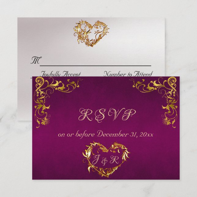 Ornate Frame & Heart - Purple/Gold RSVP Card (Front/Back)