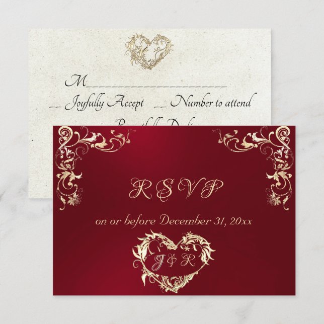 Ornate Frame & Heart - Red RSVP Card (Front/Back)
