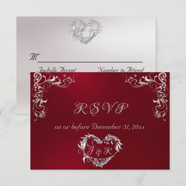 Ornate Frame & Heart - Red/Silver RSVP Card (Front/Back)