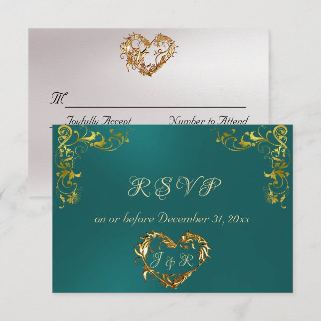 Ornate Frame & Heart - Teal/Gold RSVP Card (Front/Back)