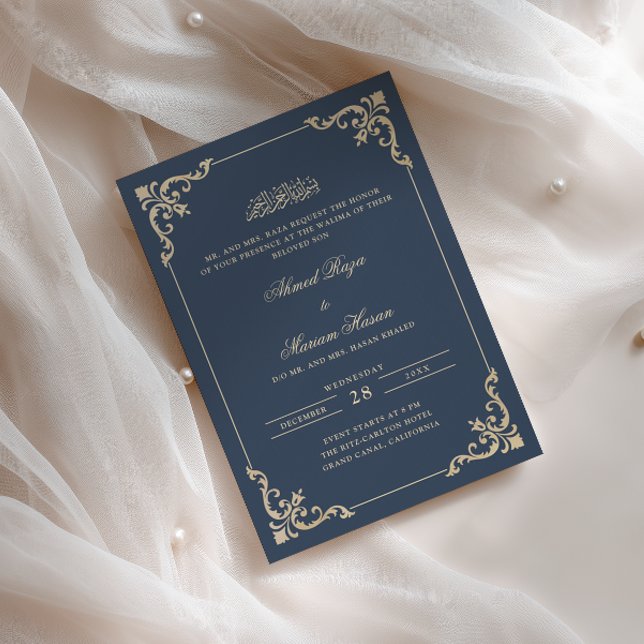 Ornate Frame Navy Blue Gold Script Walima Ceremony Invitation (Creator Uploaded)