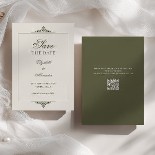Ornate Frame Olive Green Old Money QR Code Wedding Save The Date
