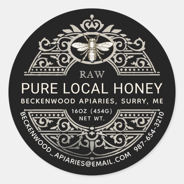 Ornate French Honey Label with Heraldic Bee Black (Front)