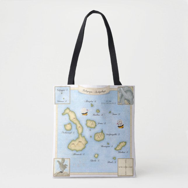 Ornate Galapagos Archipelago Map with Sailing Ship Tote Bag (Front)