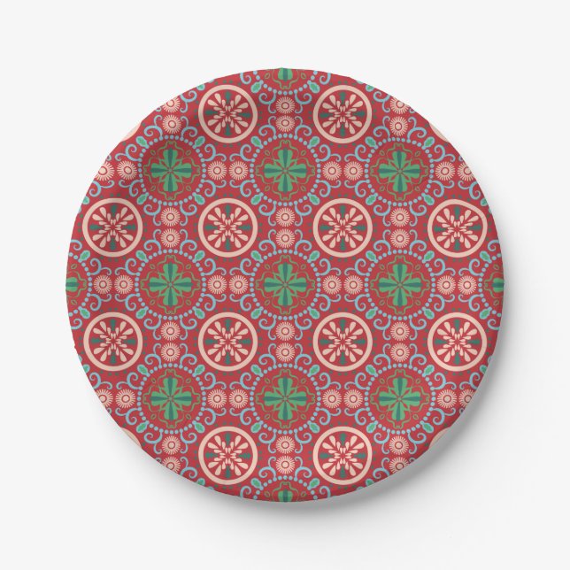 Ornate geometric pattern featuring circular motifs paper plate (Front)