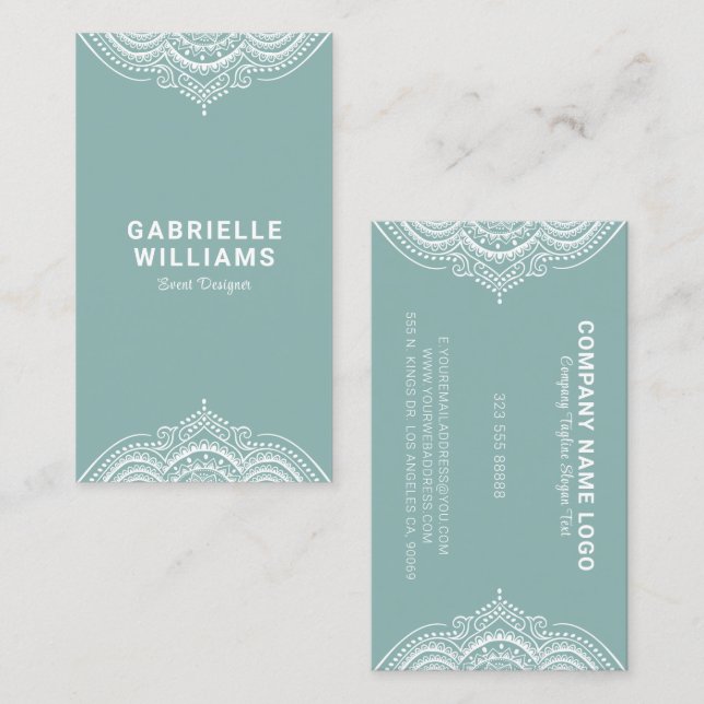 Ornate Girly White Lace Frame On Sage-Green Business Card (Front/Back)