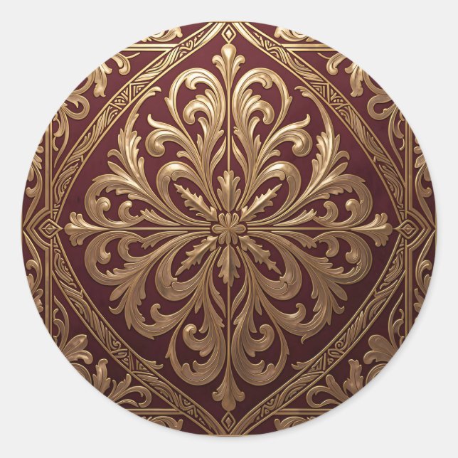 Ornate Gold Acanthus Pattern Deep Red Baroque Classic Round Sticker (Front)