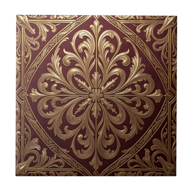 Ornate Gold Acanthus Pattern Deep Red Baroque Tile (Front)