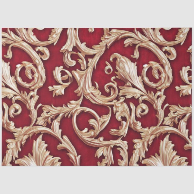 Ornate Gold Baroque Floral Damask Red Velvet Tissue Paper (Front)