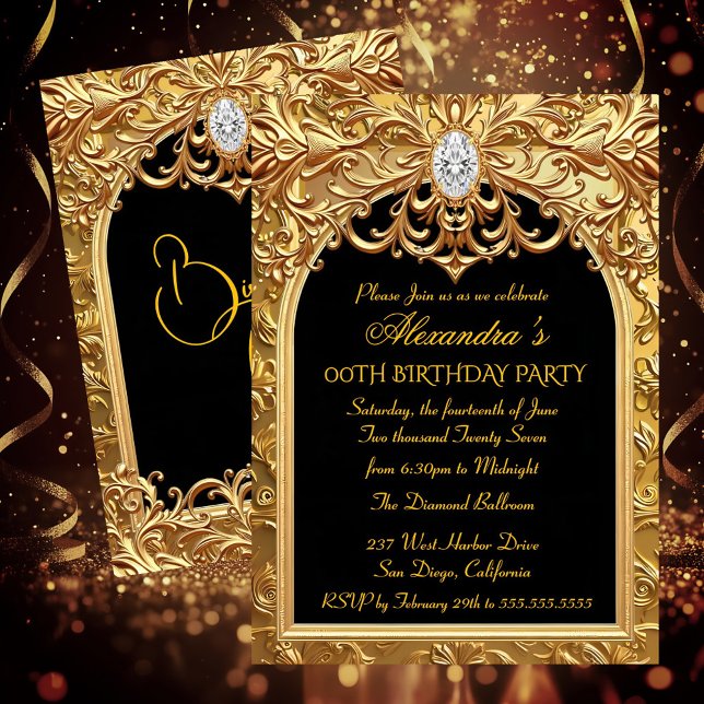 Ornate Gold Black Elegant Birthday Party Diamonds Invitation (Creator Uploaded)