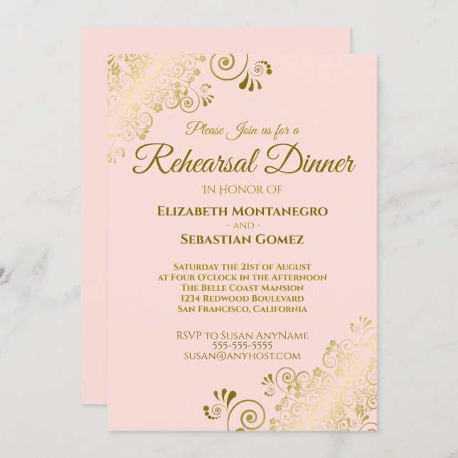Ornate Gold & Blush Pink Wedding Rehearsal Dinner Invitation (Front/Back)