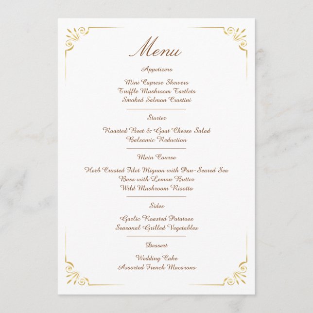 Ornate Gold Border Classic minimalist Wedding Menu (Front)